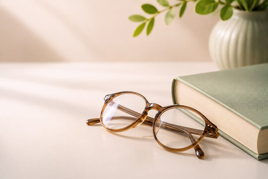 Lesebrille neben einem Buch auf hellem Schreibtisch mit nat&uuml;rlichem Tageslicht