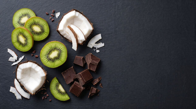 Sliced Kiwi Coconut Pieces And Dark Chocolate On Black Slate