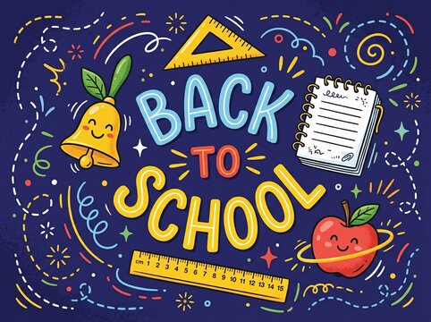 Colorful back to school illustration with cute school supplies like bell, apple, ruler, and notebook on a dark blue background