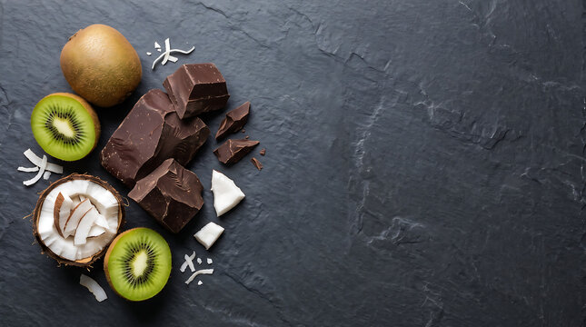 Kiwi Coconut And Dark Chocolate On A Dark Slate Surface