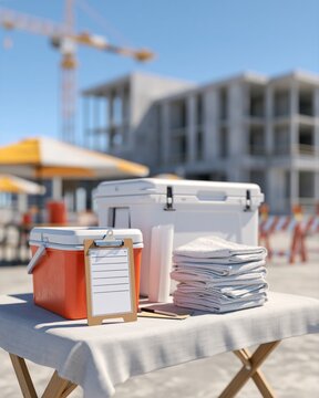Heat Break Station with Cooler and Towel Stack on Construction Jobsite Table