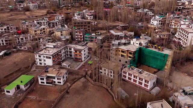 Aerial view of Leh City Market and surrounding buildings in the mountain town of Leh, Ladakh, India.