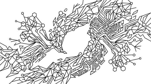 Abstract digital technology background with geometric line art and intricate cybernetic circuits