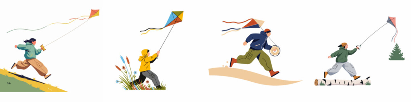 Collection of diverse people running and flying kites in various outdoor settings including meadows and hills, modern flat vector illustration style.