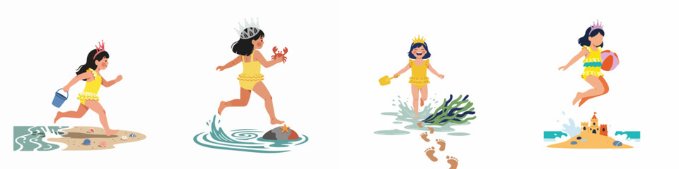 Cute little girl in a yellow swimsuit and crown playing on the beach, set of four vector illustrations for summer vacation concepts.
