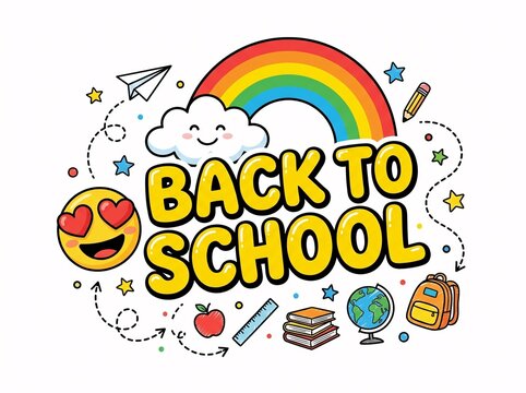 Back to school vector illustration with cute doodle elements like rainbow, cloud, emoji, apple, globe, and stationery isolated on white background