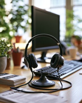 Black headset on stand with keyboard and monitor in modern office workspace