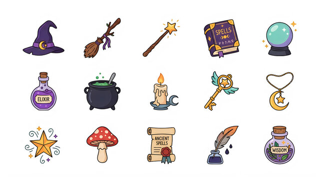 Set of pixel art magic items for games including witch hat broom wand crystal ball cauldron candle potion and scroll