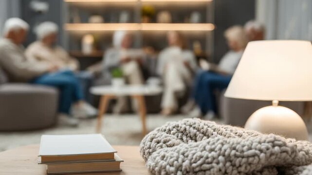 Cozy living room interior with soft knitted blanket, books, glowing lamp on wooden table in foreground. Elderly people gather, converse in blurred background, creating warm atmosphere