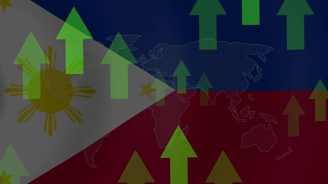 Philippine Economic Growth: A visual representation of economic progress in the Philippines, symbolized by green upward arrows superimposed on the national flag and a world map.