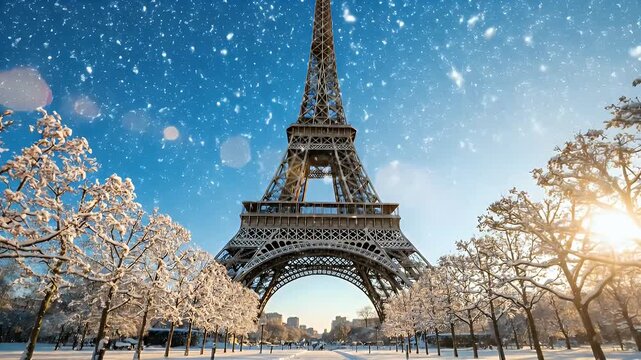 Snowy Parisian Park Framing the Eiffel Tower Under Frosted Trees and Starry Night Sky