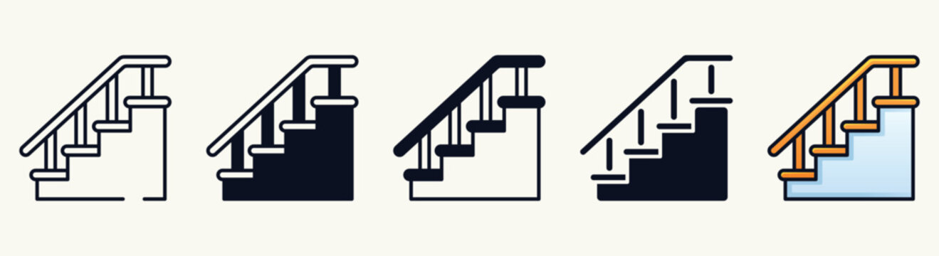 Staircase Outline, Solid, and Colored Illustration Set