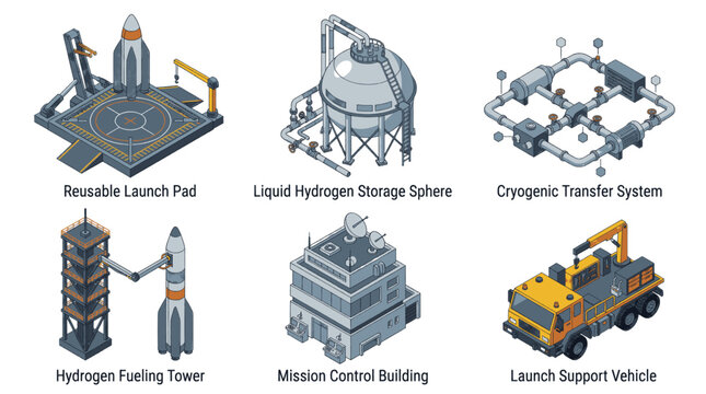 Collection of isometric illustrations depicting components of a space launch facility, including a rocket launch pad, fueling tower, and mission control.