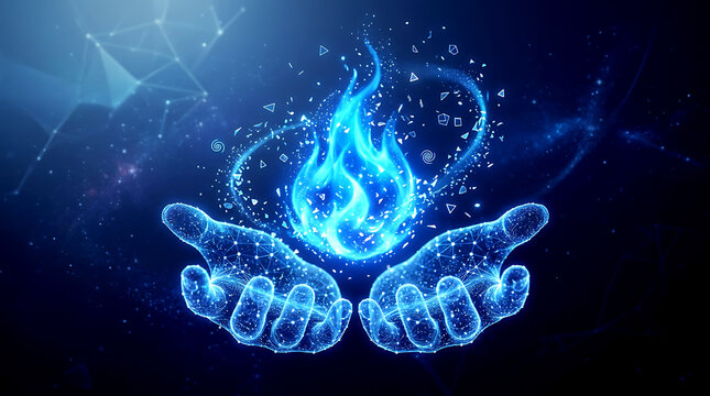 Hands Cradling Glowing Blue Flame 3D wireframe digital hands holding burning blue fire for energy, power, hope, innovation, and passion concept