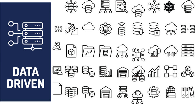 Data Driven line icons in editable stroke style. Data analytics, business intelligence, dashboard, metrics, KPI, data visualization, decision making collection. Vector