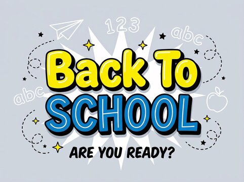 Back to school typography design with comic style elements, stars, paper plane, apple, and alphabet letters on a light grey background