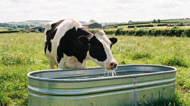 Holstein Friesian Cow Drinking Water from Large Galvanized Trough