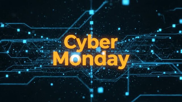 Cyber Monday orange text on blue digital circuit background