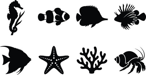 Coral reef animals silhouettes set including seahorse clownfish butterflyfish lionfish angelfish starfish coral hermit crab vector © MdTuhin