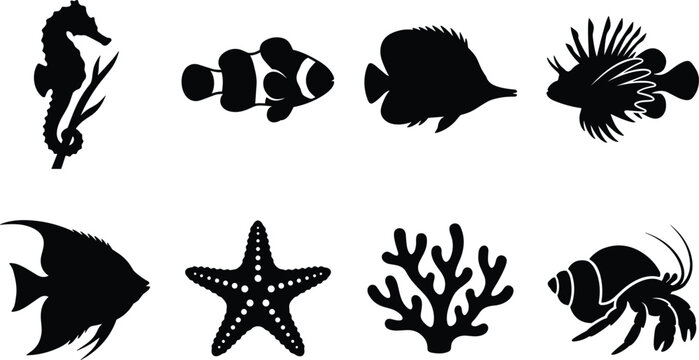 Coral reef animals silhouettes set including seahorse clownfish butterflyfish lionfish angelfish starfish coral hermit crab vector