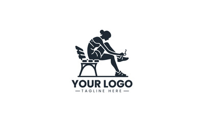 Fototapeta premium Black Image Vector Logo of Woman Runner Tying Shoelace on Bench, Pre Workout Fitness Routine
