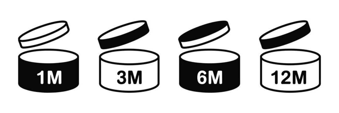 Open Cosmetic Jar PAO Symbols for Skincare Packaging, Beauty Product Expiration Markers with 1M, 3M, 6M, and 12M Line Art Icons