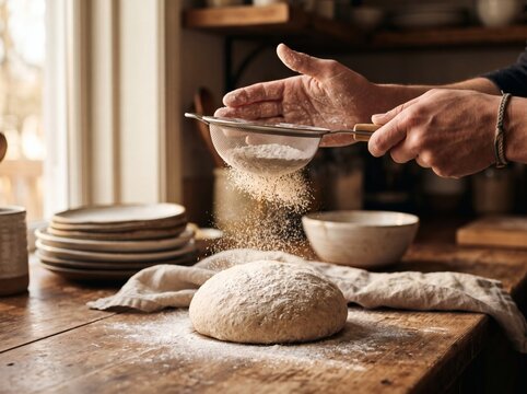 Chef sifting flour over fresh raw dough in rustic kitchen