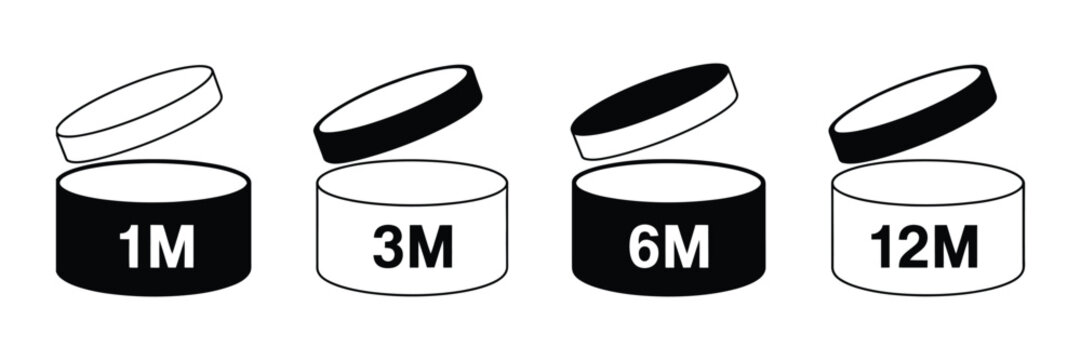 Open Cosmetic Jar PAO Icons for Beauty Packaging, Product Expiration Period, Skincare Cream Containers with 1M, 3M, 6M, and 12M Symbols