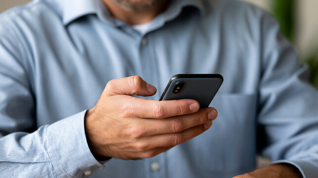 Male hand holding a modern smartphone, connecting with others, browsing online, communicating, typing text messages, or checking social media for daily business and personal tasks