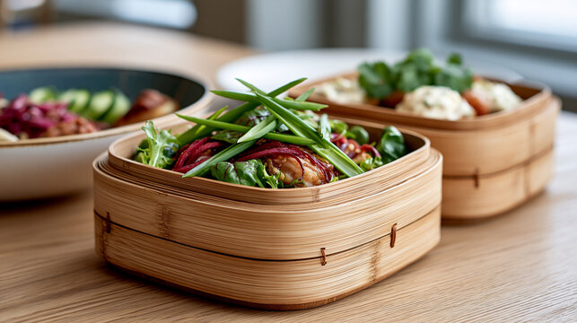 Bento lunch box presenting nutritious asian cuisine with fresh salads and vegetables, offering a healthy restaurant meal for diet and wellness concepts