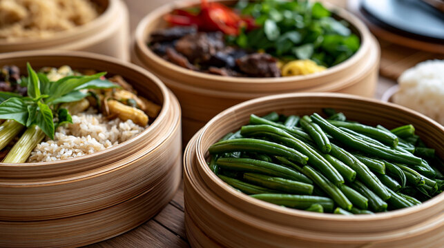 Asian food selection steaming in bamboo baskets, presenting green beans, rice, and other ingredients, representing a balanced and nutritious meal