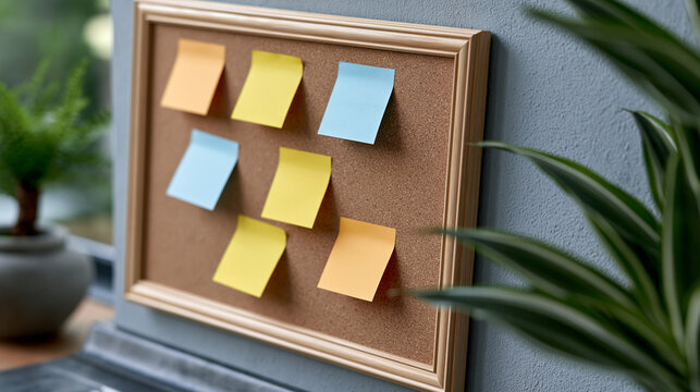 Cork board with colorful sticky notes, visualizing planning, brainstorming, and organization for business tasks and creative ideas in a home office or workspace environment