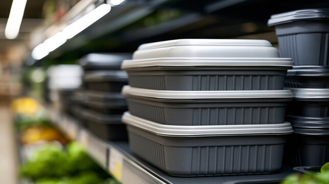 Grey plastic food containers with light grey lids are stacking on a shelf in a grocery store. Representing modern convenience for meal preparation. Takeaway food
