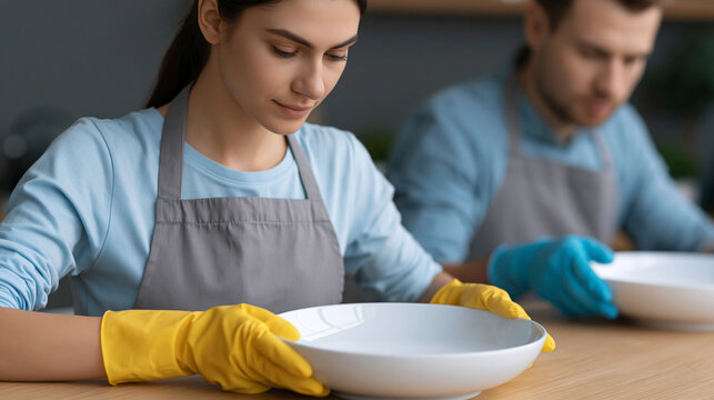Couple wearing aprons and protective gloves, washing dishes together, cleaning kitchen, sharing household chores for domestic partnership and teamwork