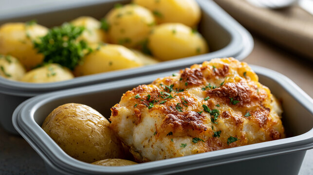 Preparing healthy and delicious fish and potatoes meal in reusable containers, focusing on balanced nutrition and convenient weekly diet planning for a busy lifestyle