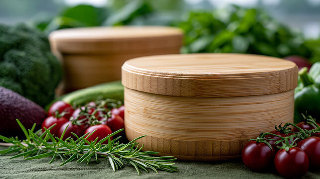 Round bamboo food containers with lid on a green textile. Surrounded by fresh cherry tomatoes. Vibrant green rosemary sprigs. And various healthy organic vegetables