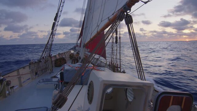 Big sailing boat moves in the Atlantic Ocean under the sails