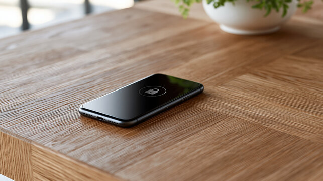 Smartphone displaying a lock icon representing data security and digital privacy, personal information protection, and online safety on a wooden table, copy space