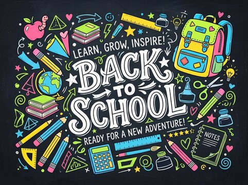 Back to school chalkboard background with colorful handdrawn school supplies and lettering