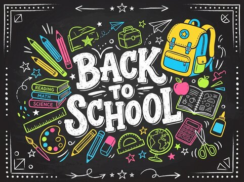 Back to school chalkboard background with colorful handdrawn school supplies and stationery