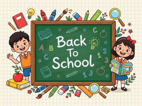 Back to school concept with cute students and school supplies on chalkboard background