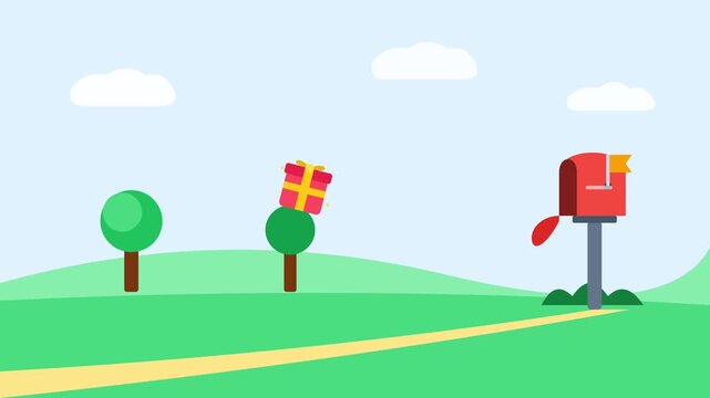 Flat illustration of a red mailbox and a gift on a tree in a green landscape