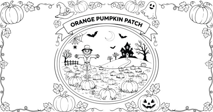 Halloween pumpkin patch scene with scarecrow haunted house bats and ghost