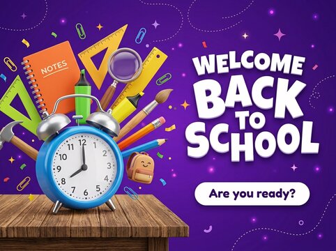 3d back to school background with alarm clock, stationery items, and school supplies on a wooden desk against a purple festive backdrop