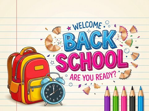 Back to school background with colorful backpack, alarm clock and pencils on notebook paper