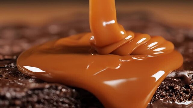 Golden caramel sauce pouring onto a rich chocolate brownie