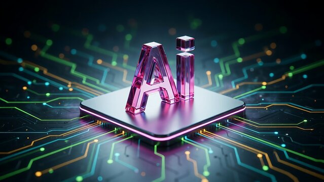 Pink glass ai letters resting on a computer processor chip with glowing circuit board patterns