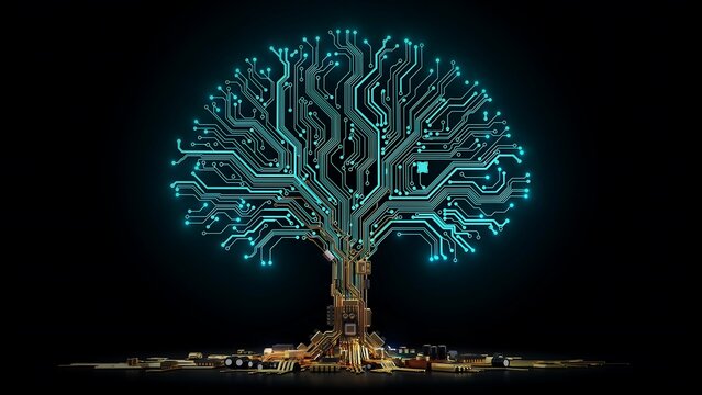 Digital tree made of glowing blue circuit board patterns and electronic components on black