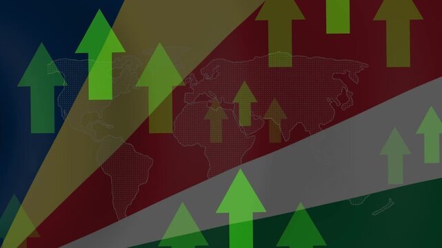 Seychelles Economic Growth: Green arrows pointing upwards signify economic progress against a backdrop of the Seychelles flag and a world map, symbolizing international financial development.