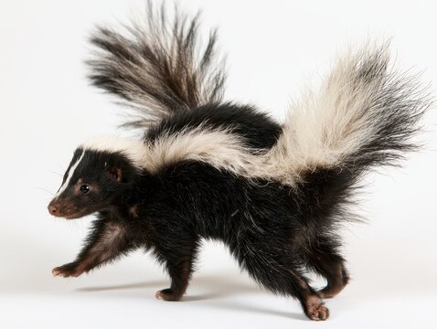 Striped skunk walking in profile isolated on white background